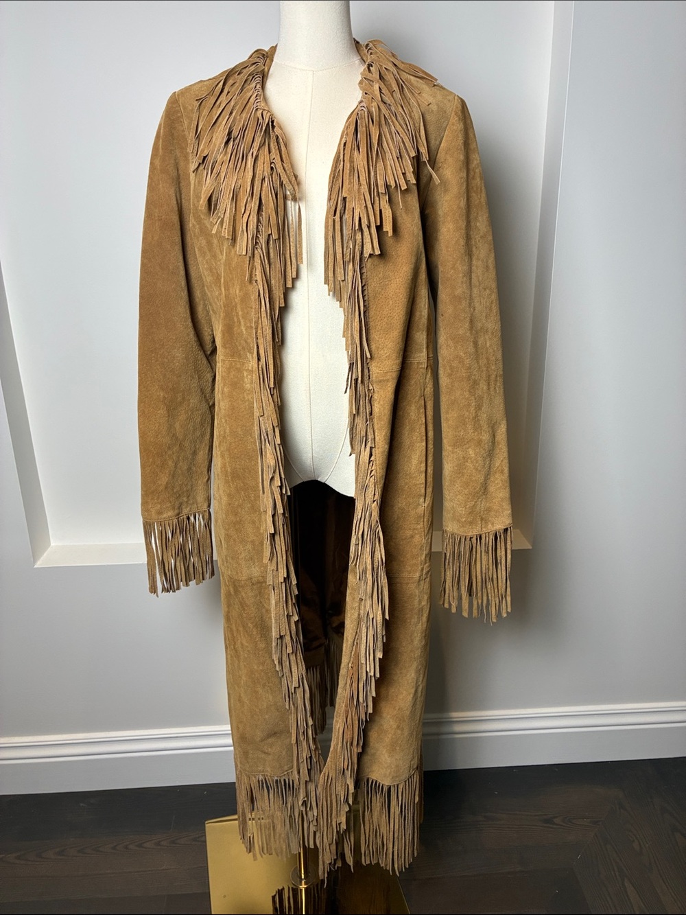 VINTAGE 100% real Tan Suede Fringe Long Trench Coat